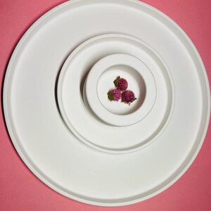 May include: Three white ceramic plates nested together, with a small bowl in the center. The bowl contains three small pink flowers.