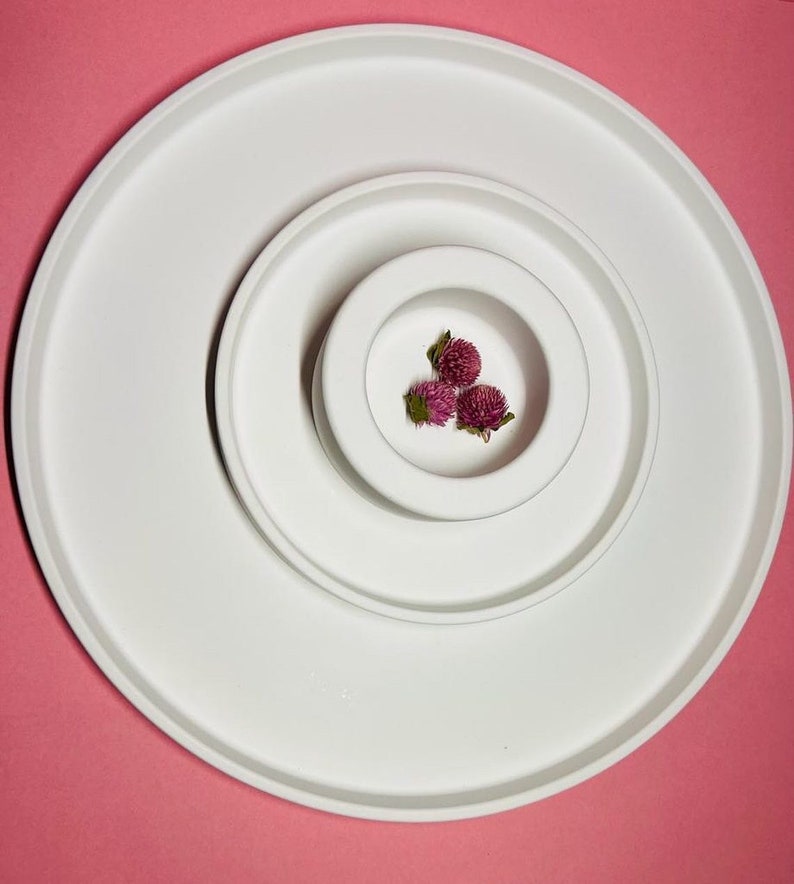 May include: Three white ceramic plates nested together, with a small bowl in the center. The bowl contains three small pink flowers.