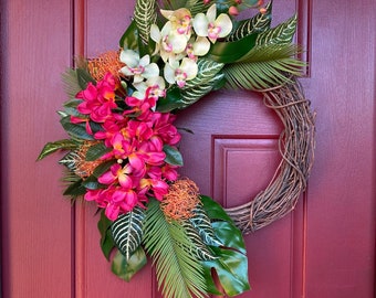 Tropical front door wreath faux orchid Hawaiian decor, coastal wreath, beach house decor, tropical wedding decor, large pink tropical wreath