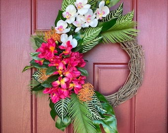 Tropical Orchid Front Door Wreath, Pink Plumeria, Coastal Decor - Etsy