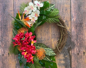 Tropical front door wreath orchid Hawaiian decor, coastal wreath, beach decor, tropical wedding decor, large tropical wreath double doors