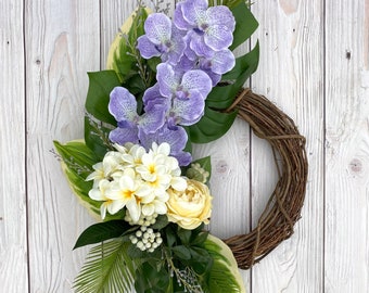 Tropical front door wreath purple orchid Hawaiian decor, coastal decor, beach house decor, tropical wedding decor, yellow flower wreath