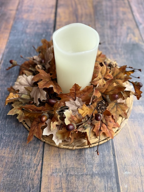 Fall candle ring with faux leaves, acorns, and pine cones, fall centerpiece, fall neutral mini wreath, Thanksgiving centerpiece