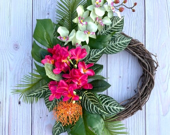 Tropical front door wreath orchid Hawaiian decor, coastal decor, beach house decor, tropical wedding decor, Florida decor,