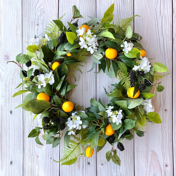 Fruit wreath lemon summer front door wreath, fruit Kitchen wreath housewarming gift, gift for couple, blackberry and lemon wreath