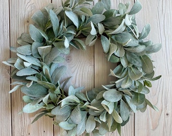 Year round all season lamb’s ear wreath farmhouse front door wreath housewarming gift, centerpiece wreath for candle, undecorated wreath