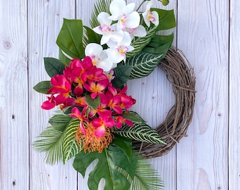 Tropical front door wreath Hawaiian orchid wreath, coastal wreath with monstera and palm leaves, tropical wedding decor, beach house decor