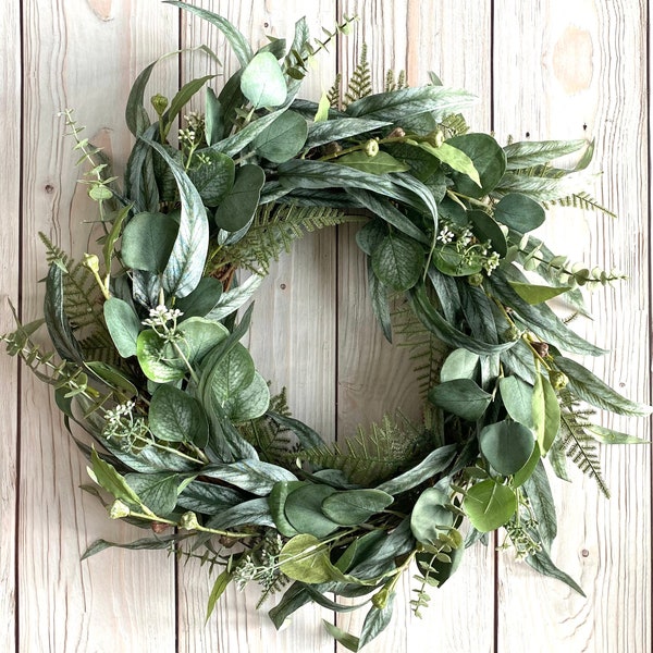 Year-round eucalyptus greenery front door wreath All season farmhouse indoor wreath for wedding gift or housewarming present