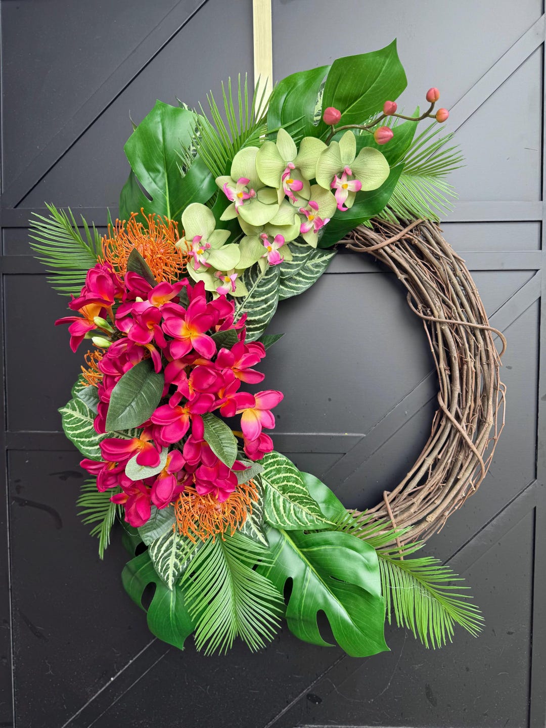 Tropical Front Door Wreath Faux Orchid Hawaiian Decor, Coastal
