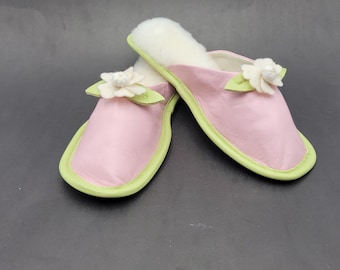 Vtg Amy Jo Gladstone Pink & Green Slide Slippers Size M Leather