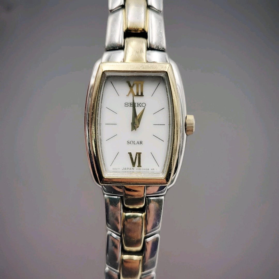Vtg SEIKO Solar Watch Women 18mm White Dial Two Tone Rectangle