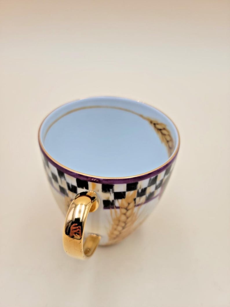 MacKenzie-Childs Pheasant Run Morning Glory Mug Tumbler Courtly Check Gold RARE image 6