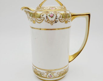 Antike handbemalte NIPPON Porzellan Kaffee - Teekanne - Krug mit Goldvergoldung 20 cm
