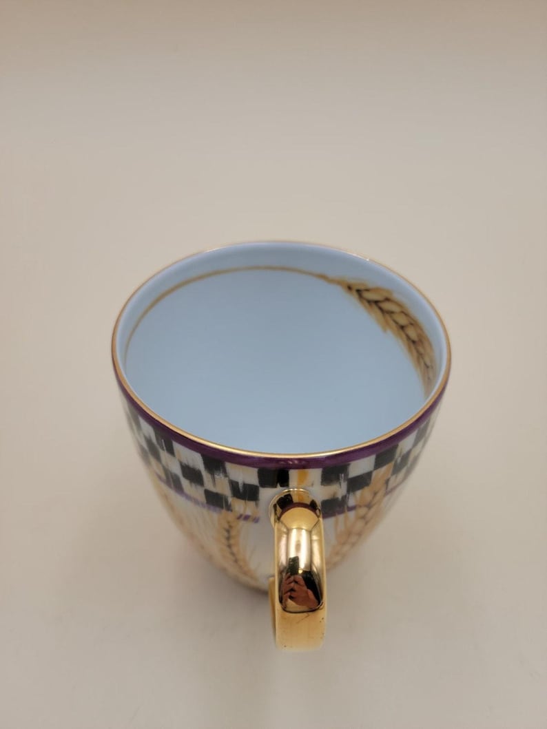 MacKenzie-Childs Pheasant Run Morning Glory Mug Tumbler Courtly Check Gold RARE image 7