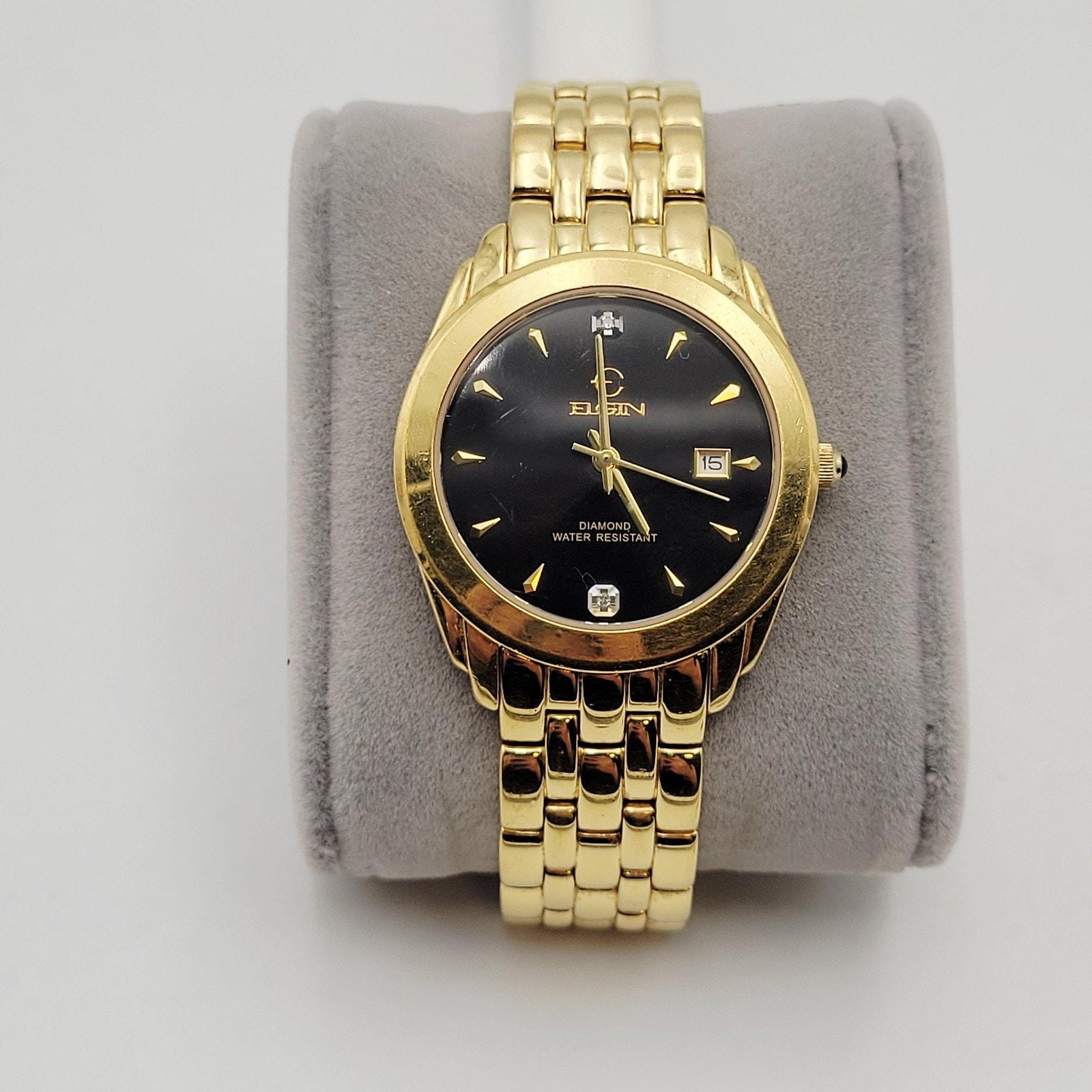 Elgin Diamond Watch FG053 017 Gold Tone Date Black Dial New