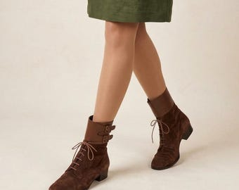 Anne Klein Damstövel 7 M Brun Låg Blockklack Mocka Läder Storlek Vintage