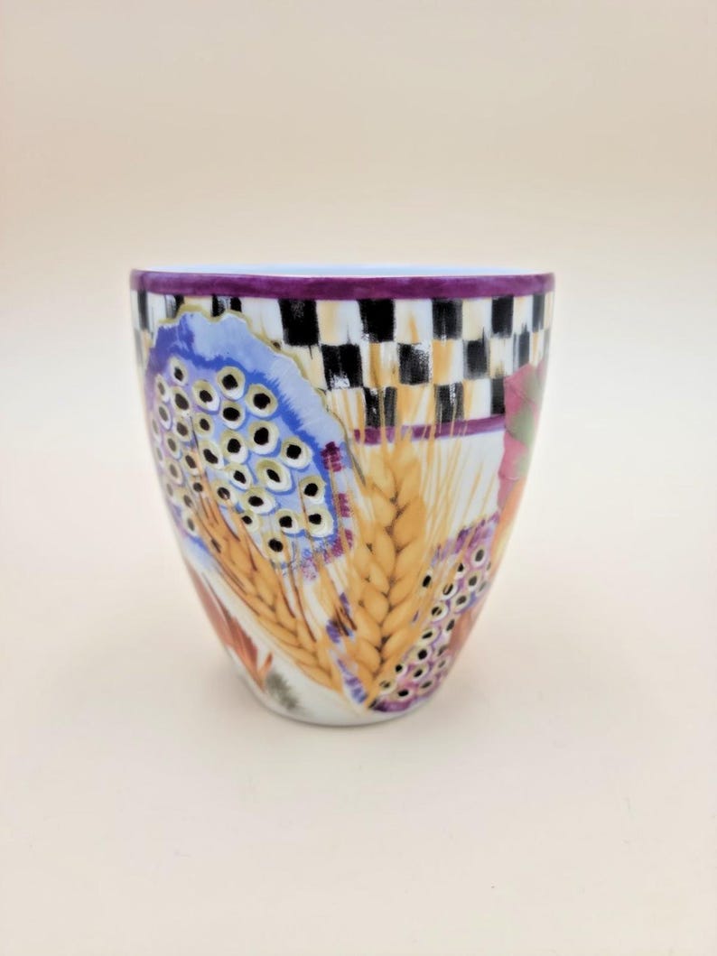 MacKenzie-Childs Pheasant Run Morning Glory Mug Tumbler Courtly Check Gold RARE image 3