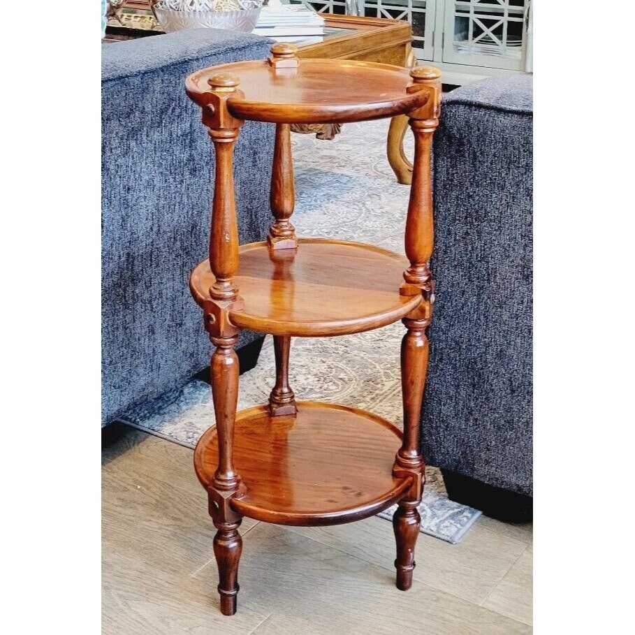 Vintage 1970s Ethan Allen 3 Tier Round Wooden Plant Stand Side Pie