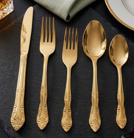 Vintage Golden Dream Rose Besteck-Set von Rogers - 20-teiliges Gold-Galvano- Besteck, 4 Gedecke, elegantes Blumen-Gold-Besteck-Service