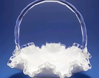 Vintage Fenton Crystal Crest White Milk Glass 7.5" Basket Ruffled Clear Handle