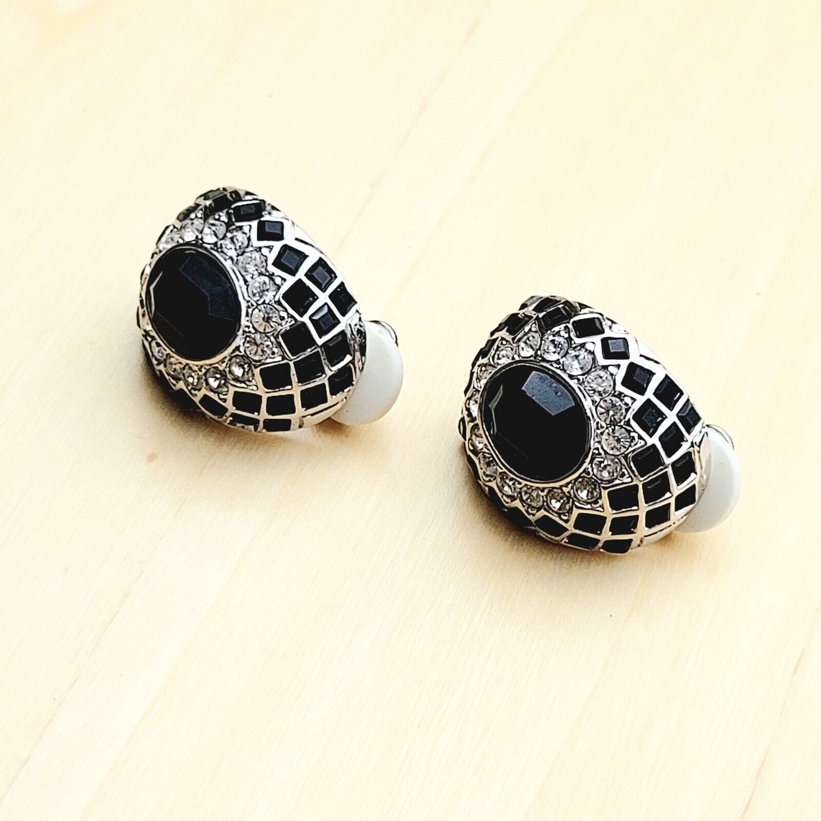 Boucles D'oreilles Clips Vintage - Strass Blanc Et Noir - Parfait état (Occasion)