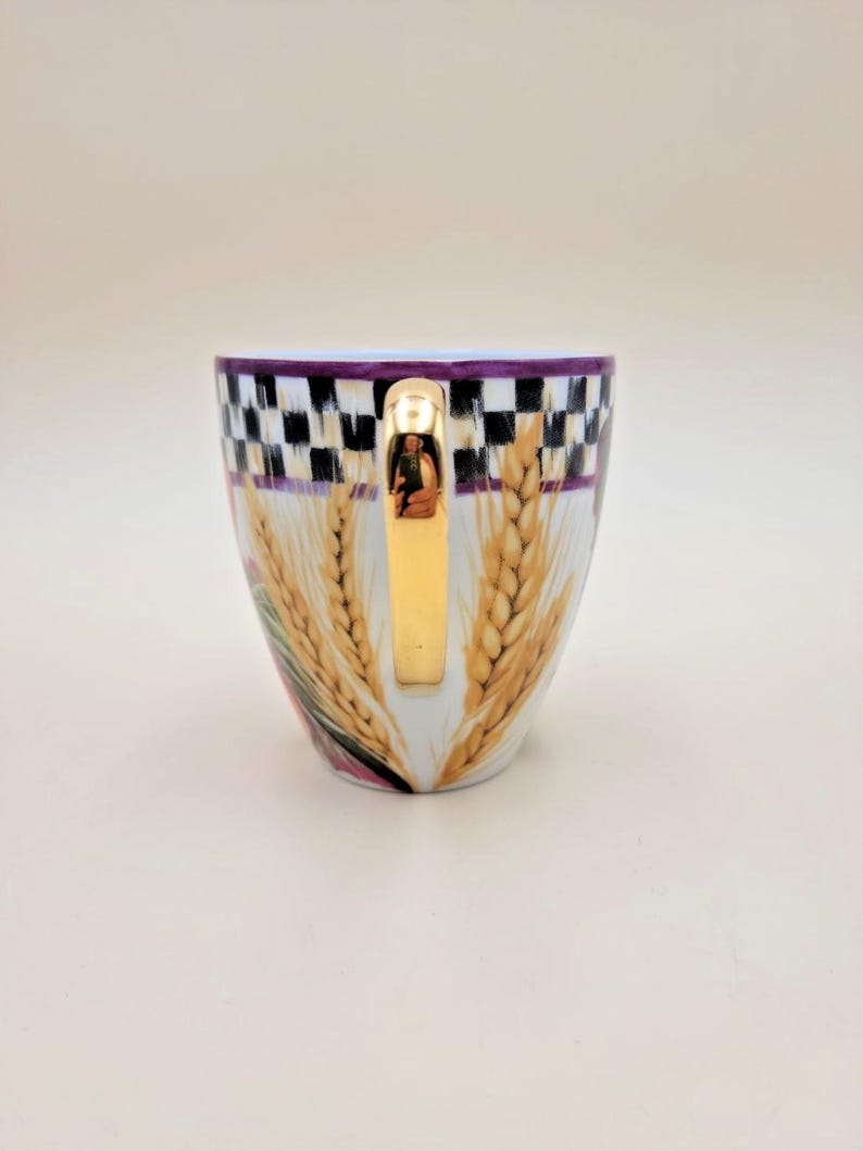 MacKenzie-Childs Pheasant Run Morning Glory Mug Tumbler Courtly Check Gold RARE image 5