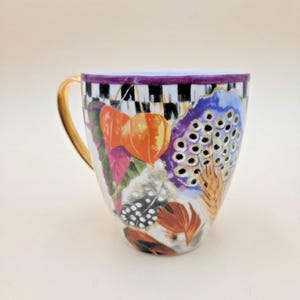 MacKenzie-Childs Pheasant Run Morning Glory Mug Tumbler Courtly Check Gold RARE image 4