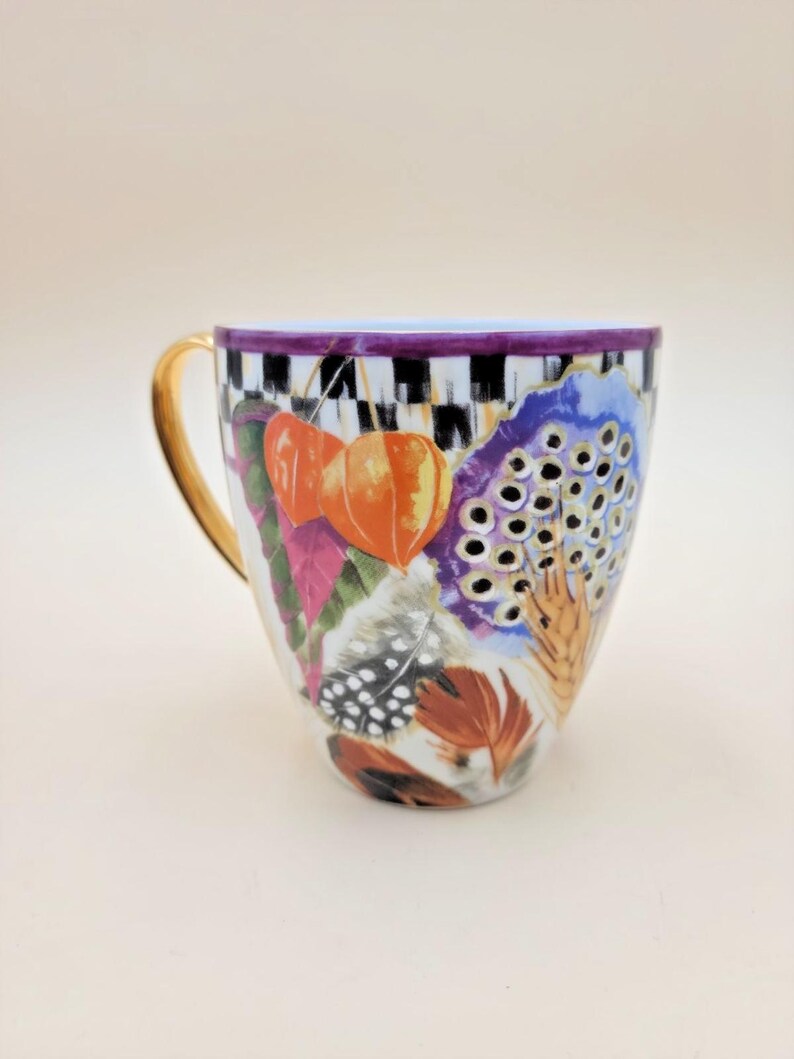 MacKenzie-Childs Pheasant Run Morning Glory Mug Tumbler Courtly Check Gold RARE image 4
