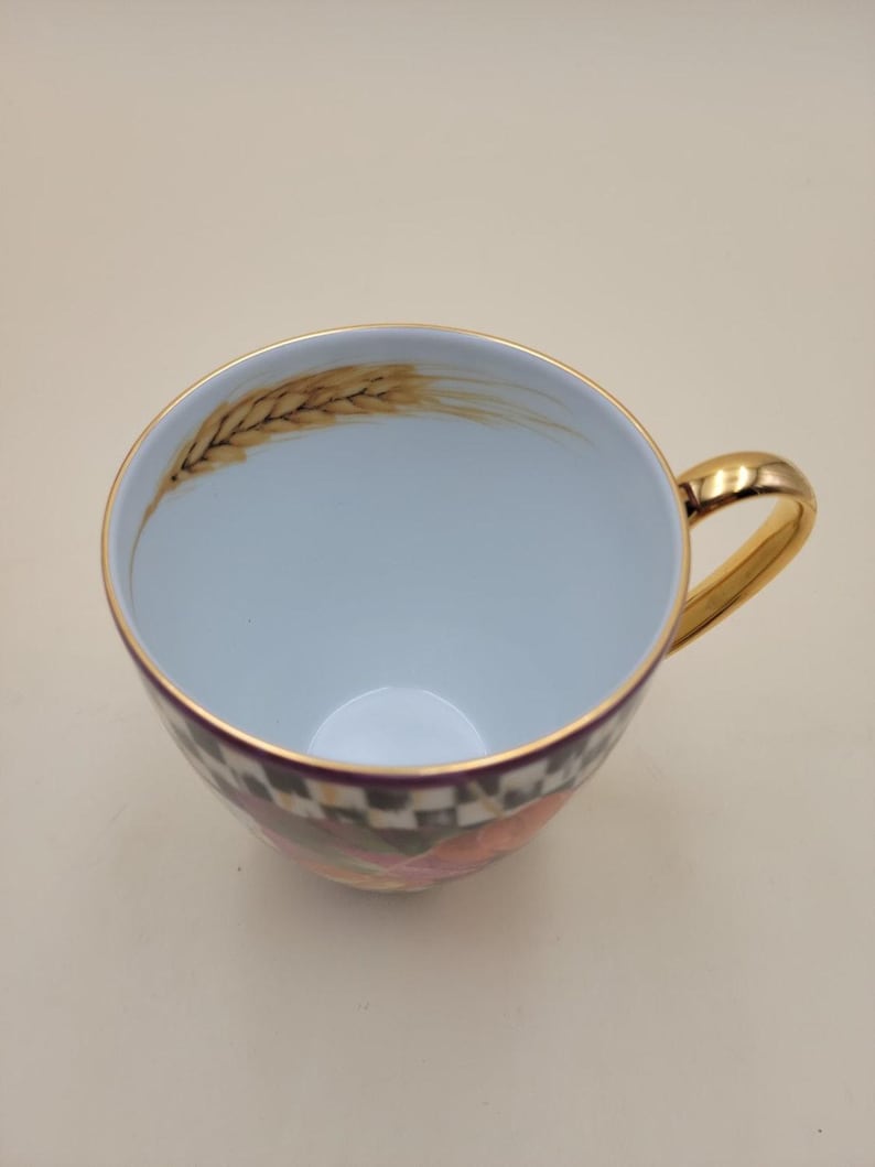 MacKenzie-Childs Pheasant Run Morning Glory Mug Tumbler Courtly Check Gold RARE image 8