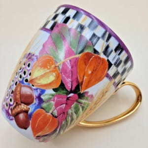 MacKenzie-Childs Pheasant Run Morning Glory Mug Tumbler Courtly Check Gold RARE image 12