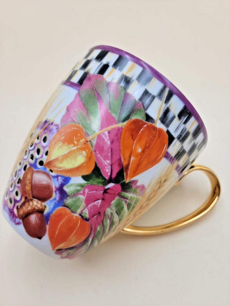 MacKenzie-Childs Pheasant Run Morning Glory Mug Tumbler Courtly Check Gold RARE image 12