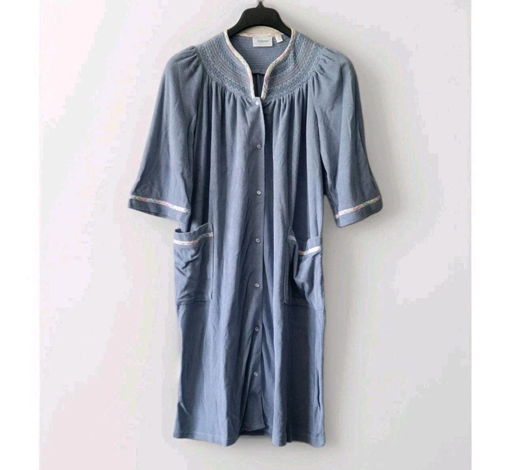 VTG National Gown Cotton Nightgown Antique Blue Granny Terry Snap Robe ...