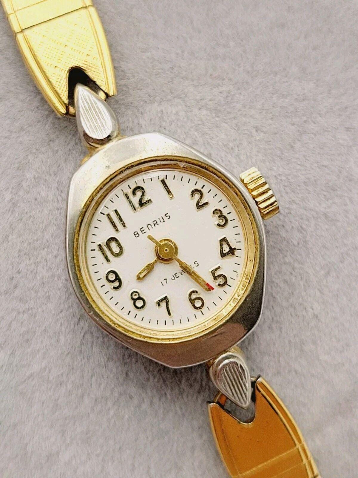 Vtg Benrus Art Deco Style Ladies 17 Jewels Gold Tone Running  display picture 1
