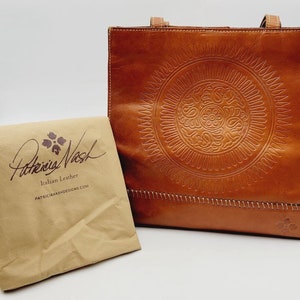 Patricia Nash Handbag Tote Italian Leather Tooled Medallion Shoulder Rich Brown