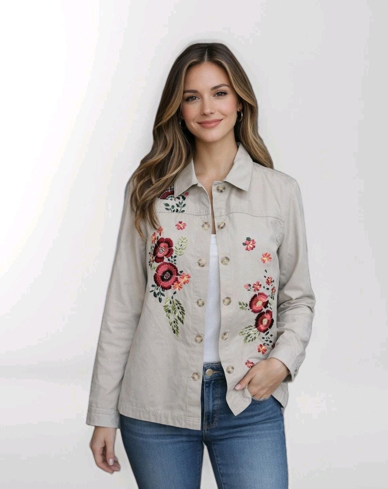COLDWATER CREEK 100% Cotton Embroidered Jacket Fully Lined Beige