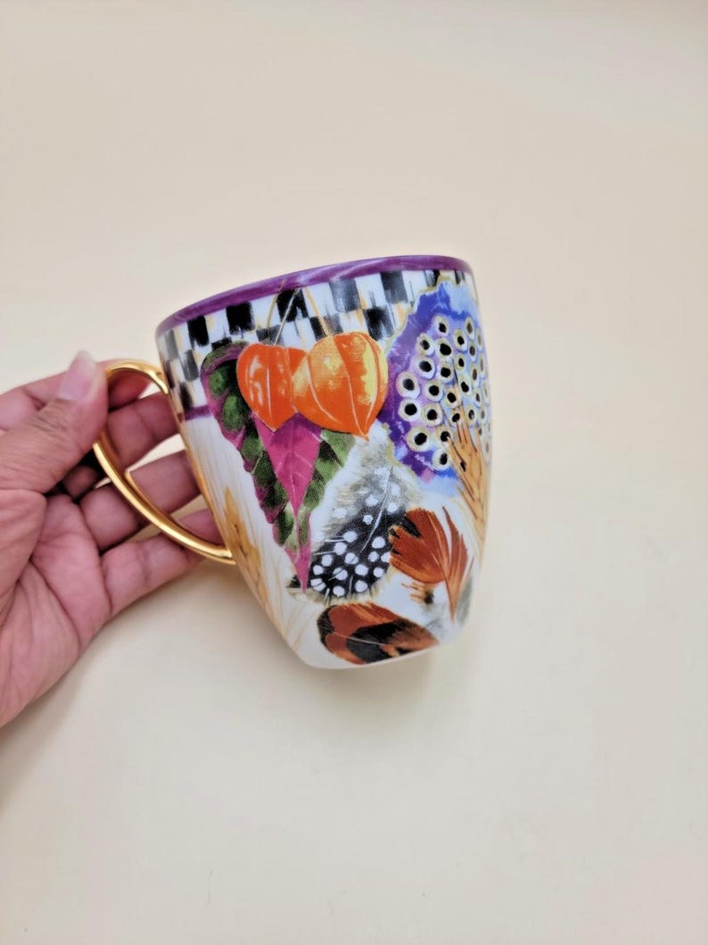 MacKenzie-Childs Pheasant Run Morning Glory Mug Tumbler Courtly Check Gold RARE image 11