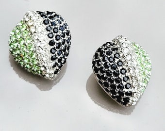 Vtg Ciner signed Silverplate Lime & White Black Crystals Almond Earrings Clip On