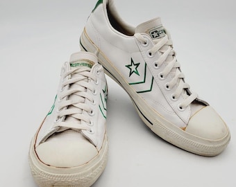 Converse Pro All Star Mens Leather Sneakers White Green Rare Size 9.5 Vtg 70s