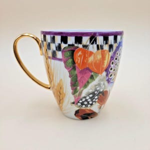 MacKenzie-Childs Pheasant Run Morning Glory Mug Tumbler Courtly Check Gold RARE image 2