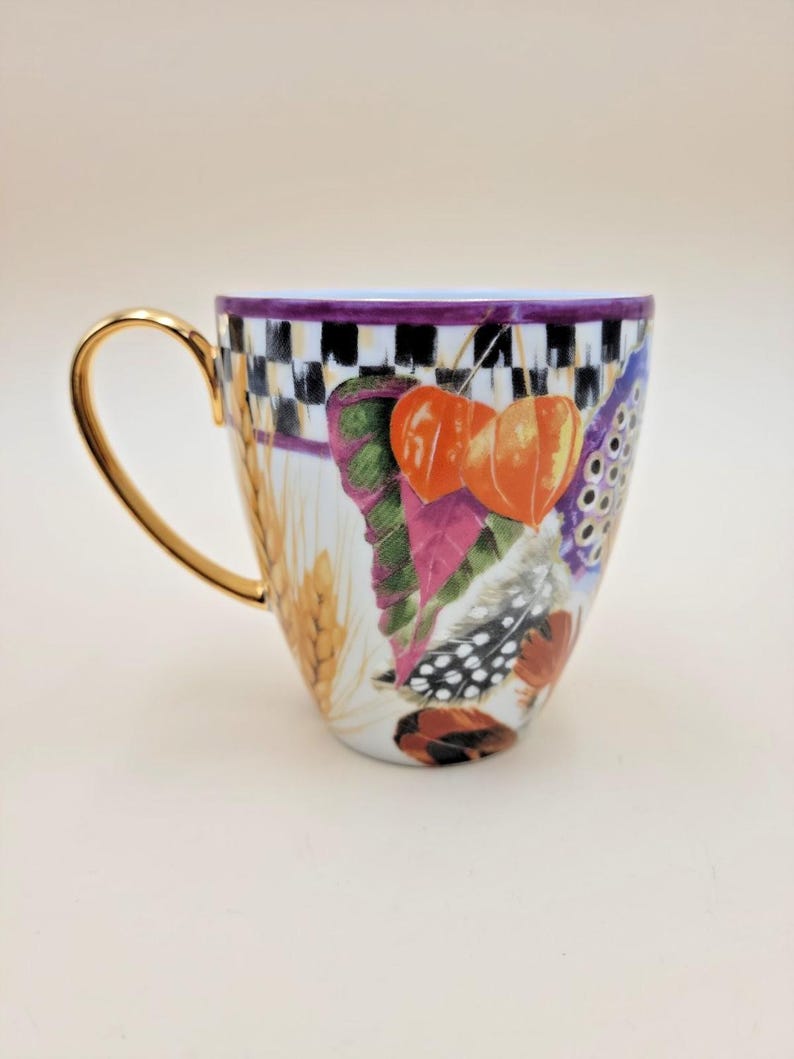 MacKenzie-Childs Pheasant Run Morning Glory Mug Tumbler Courtly Check Gold RARE image 2