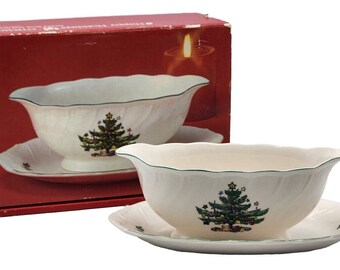 Nikko China Happy Holidays Gravy Boat & Underplate Relish Crafted in Japan Boxed