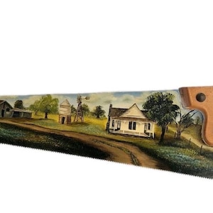 Handpainted Hand Saw Blade Farm Scene Signed by Artist VTG In Display Condition