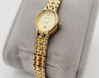 Orologio da donna Vtg Gloria Vanderbilt Swarovski inossidabile argento oro nuova batteria