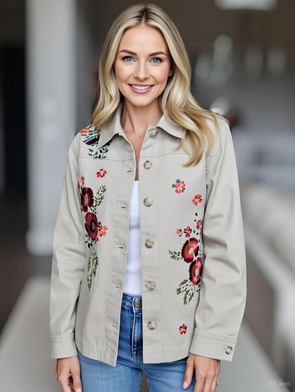 COLDWATER CREEK 100% Cotton Embroidered Jacket Fully Lined Beige