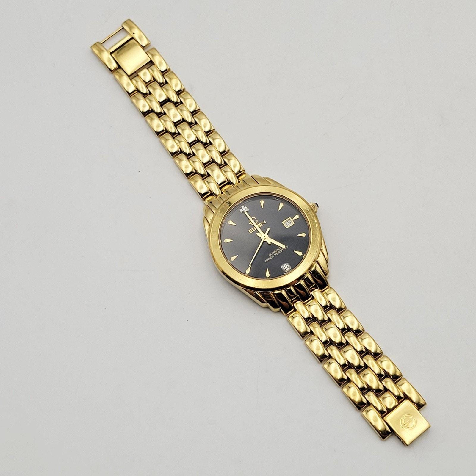 Elgin Diamond Watch FG053 017 Gold Tone Date Black Dial New