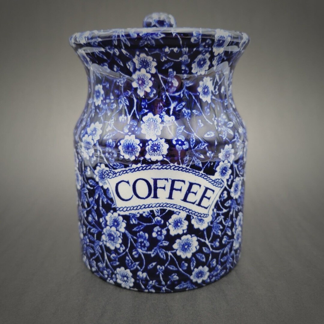 Vtg Calico Staffordshire Coffee Jar Canister Blue White Flower Burleigh