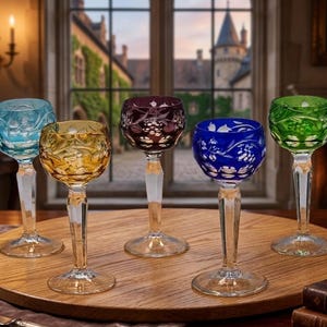 Vintage Bohemian Czech Crystal Cordial Glasses Set: Rainbow Grapevine Liqueur Stemware