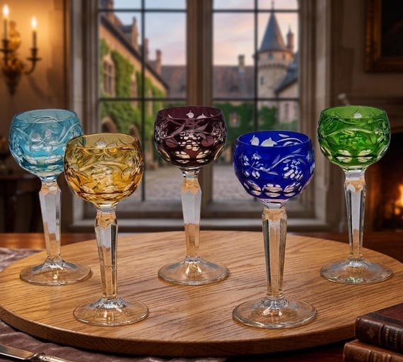 Vintage Bohemian Cut to Clear Crystal Cordial Glasses Set of 5 Czech Crystal Grapevine Liqueur Stemware Colorful Retro Barware Set