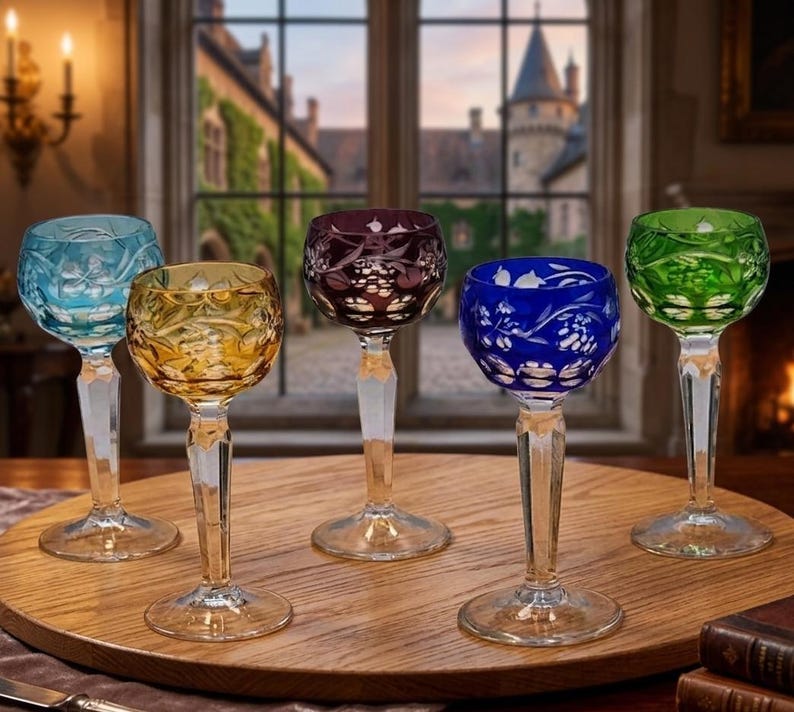Juego de copas de cristal checo estilo bohemio vintage para licor: Copas de licor Rainbow Grapevine imagen 1
