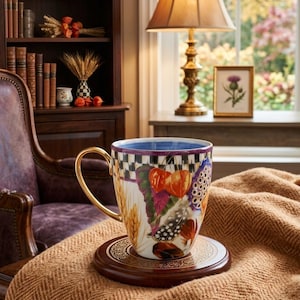MacKenzie-Childs Pheasant Run Morning Glory Mug Tumbler Courtly Check Gold RARE image 1